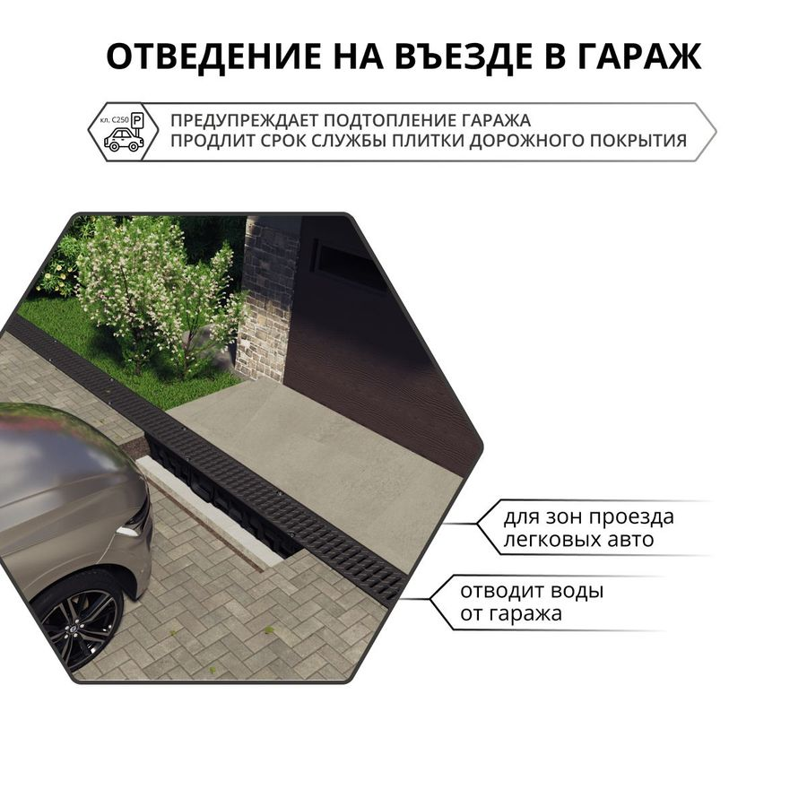 Лоток водоотводный пластиковый Gidrolica Pro h117 мм с полиамидной решеткой черный, предпросмотр