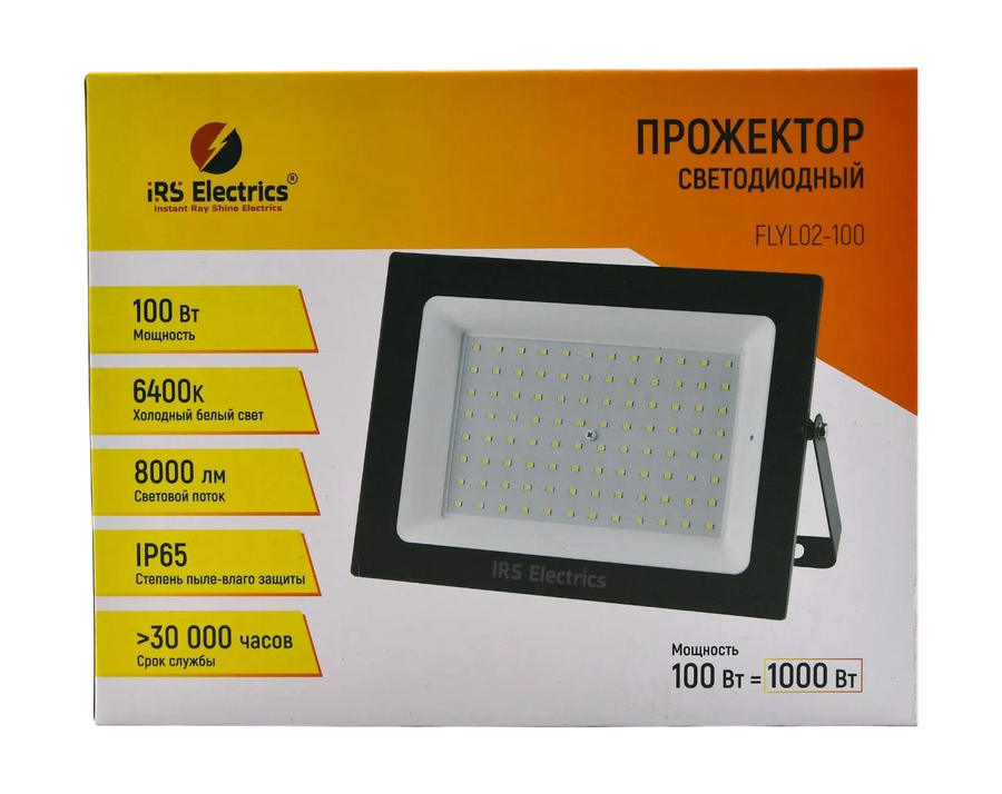 Прожектор светодиодный IRS Electrics, IP65, 250x178x27 мм, 100Вт, 6400К, 8000Лм, корпус черный, предпросмотр