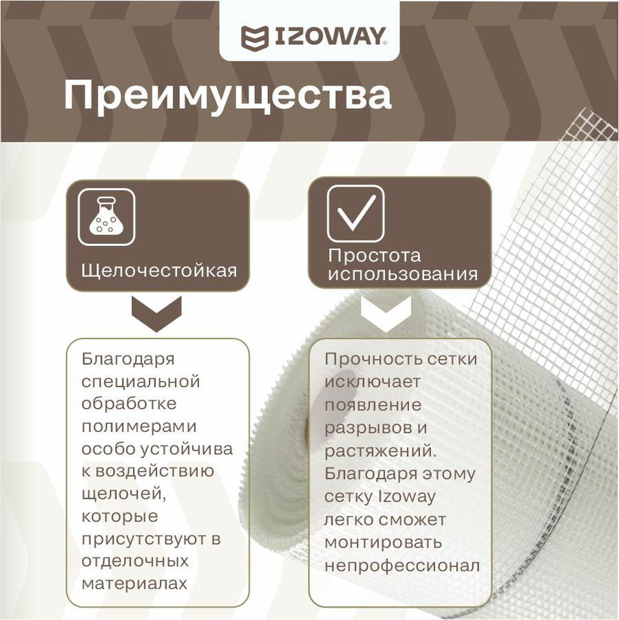 Штукатурная сетка гидроизоляционная IZOWAY армированный 70 г/м² 1x50 м, предпросмотр