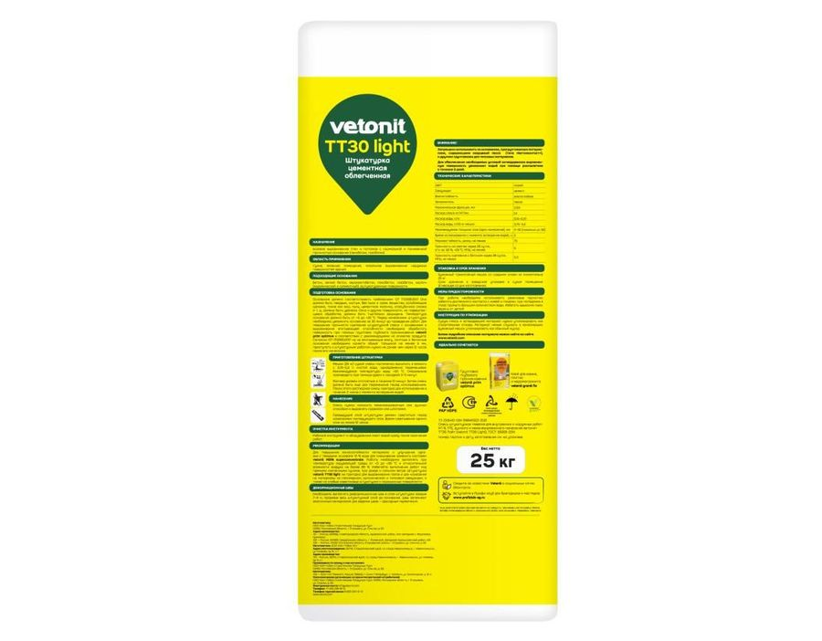 Облегченная цементная штукатурка Vetonit TT30 light 25 кг, предпросмотр
