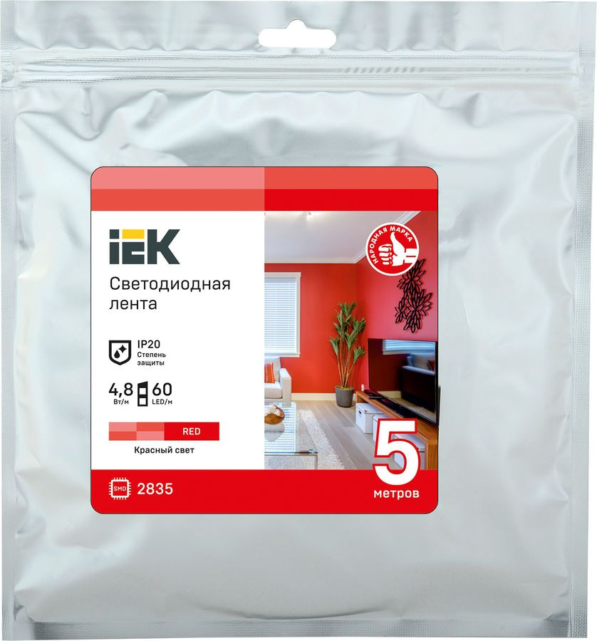 Светодиодная лента IEK SMD 2835 60LED IP20 12В 4,8Вт красный 5 м, предпросмотр