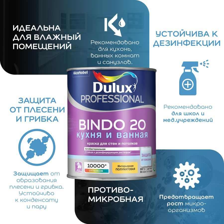 Краска интерьерная Dulux Bindo 20 полуматовая база BW 9 л, превью