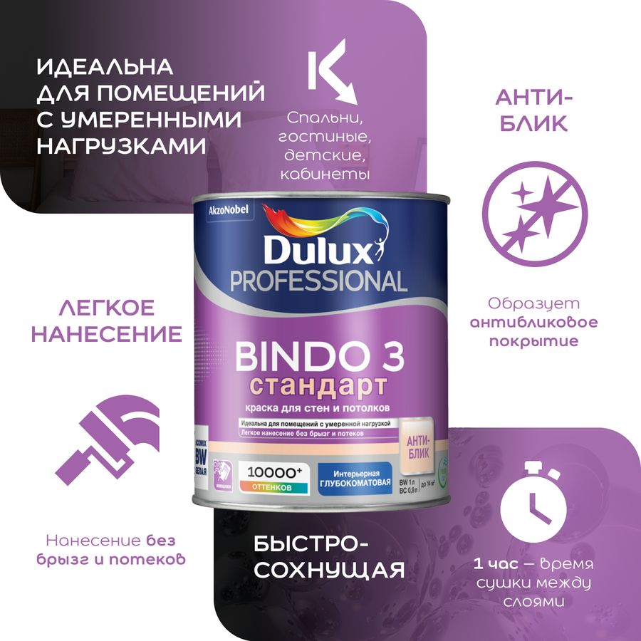 Краска интерьерная Dulux Bindo 3 глубокоматовая база BW 2,5 л, превью