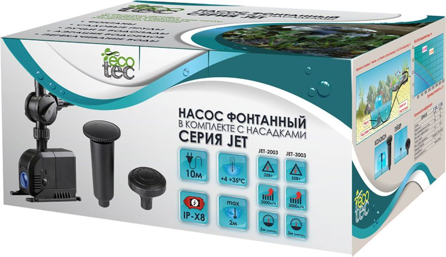 Насос фонтанный ECOTEC в комплекте с насадками 55 Вт 3000 л/ч Hmax 3 м, предпросмотр