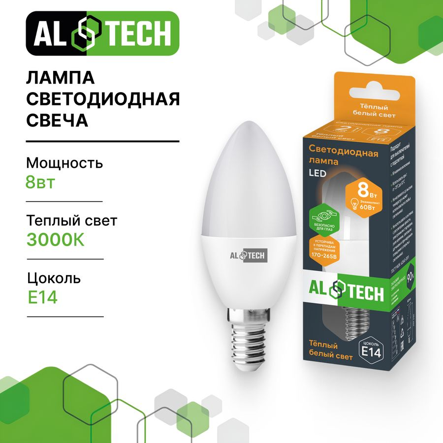 Лампочка светодиодная ALTECH LED 8Вт 3000К 760Лм E14 Свеча, предпросмотр