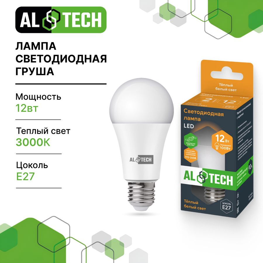 Лампочка светодиодная ALTECH LED 12Вт 3000К 1060Лм E27 Груша, предпросмотр