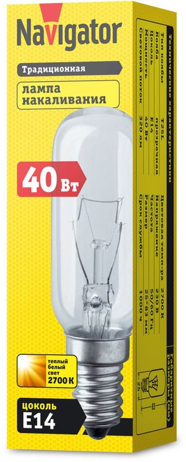 Лампа накаливания Navigator NI-T25L E14 40 Вт 320 лм трубка, предпросмотр