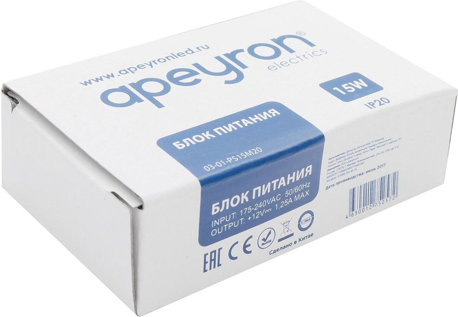 Блок питания для светодиодной ленты Apeyron Electrics 03-01 15 Вт 12 В 1,25 А, предпросмотр