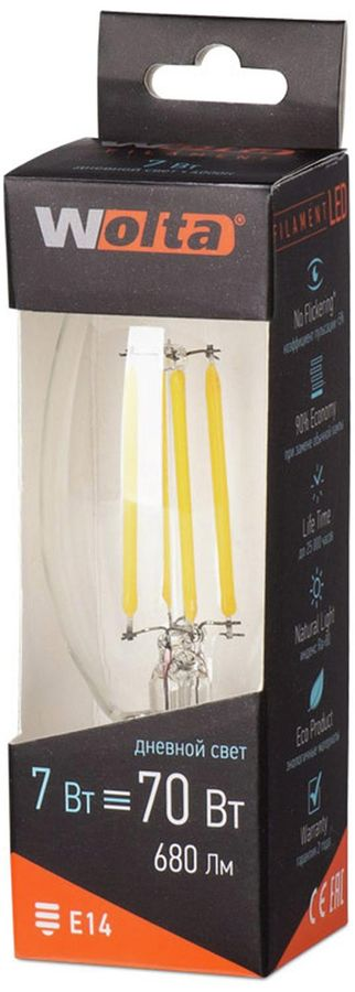 Светодиодная лампа Wolta FILAMENT E14 7 Вт филаментная 730 лм 4000 К свеча, предпросмотр