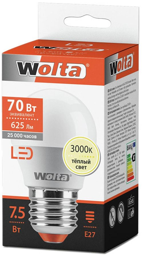 Светодиодная лампа Wolta STANDART E27 7,5 Вт 625 лм 3000 К шар, превью