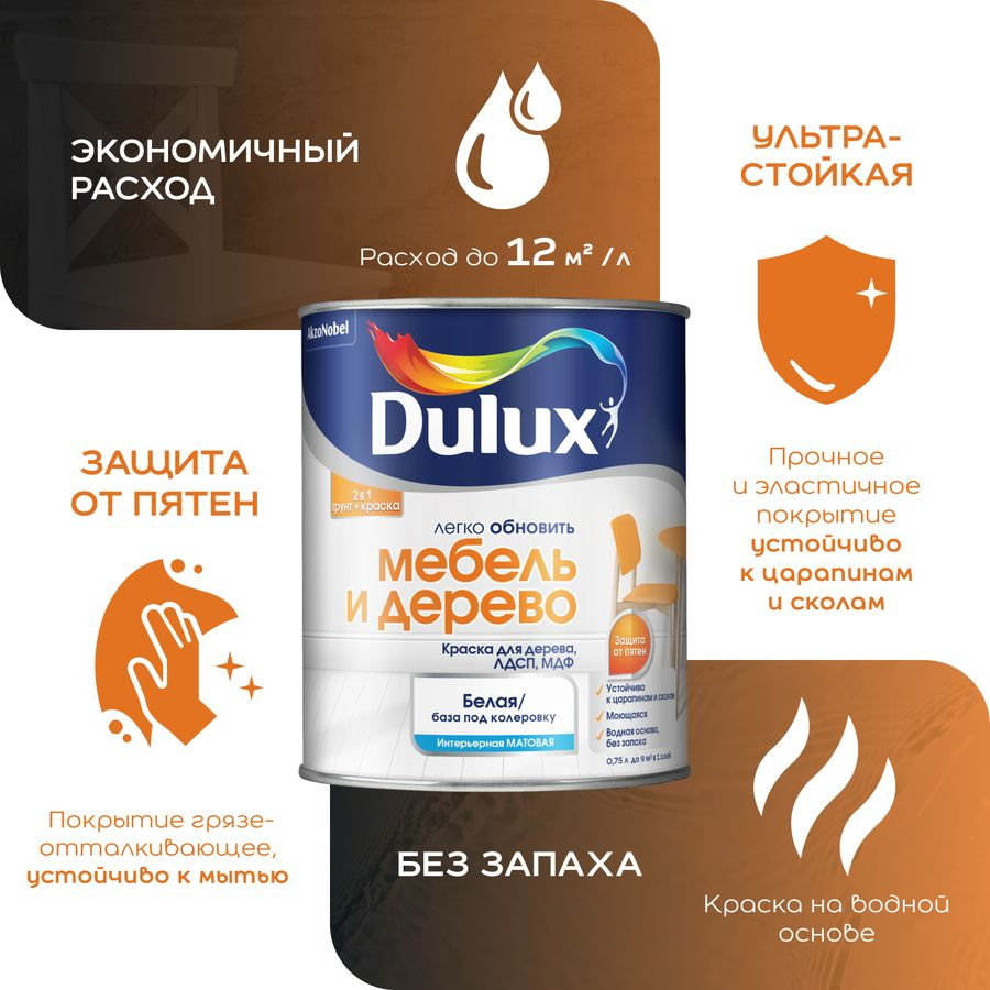 Краска для дерева, ЛДСП, МДФ Dulux BC матовая 0,75 л, предпросмотр
