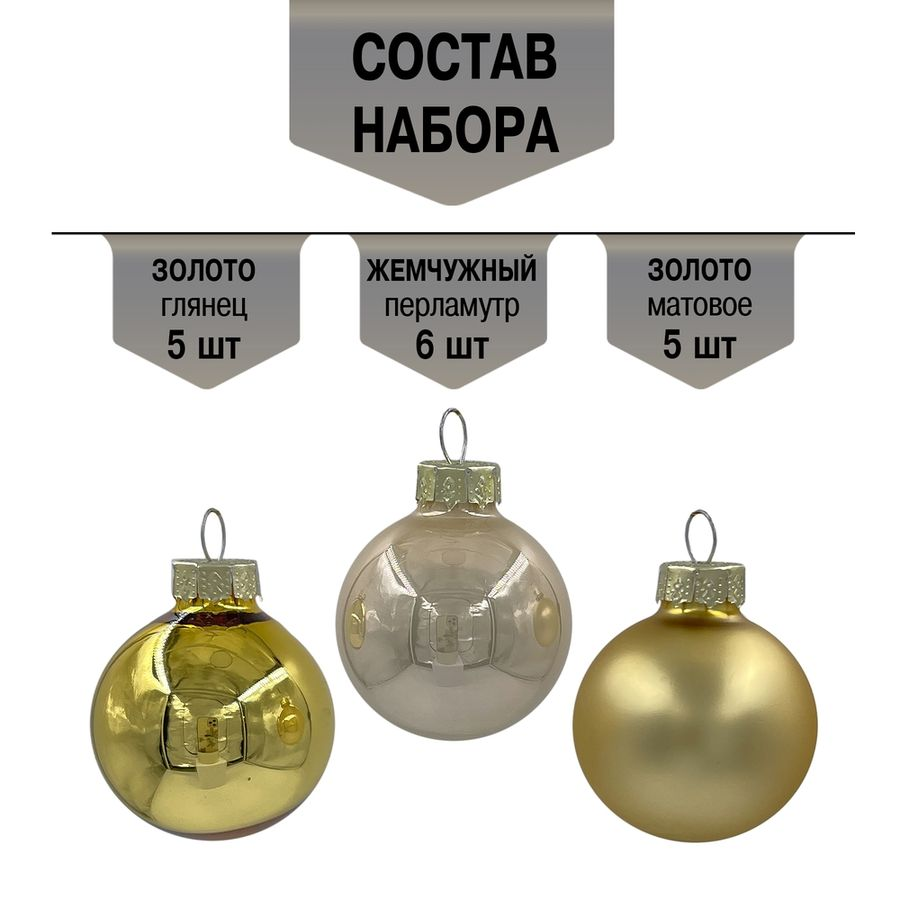 Набор стеклянных шаров ø 3,5 см золото/жемчужный 16 шт. В прозрачной упаковке, превью