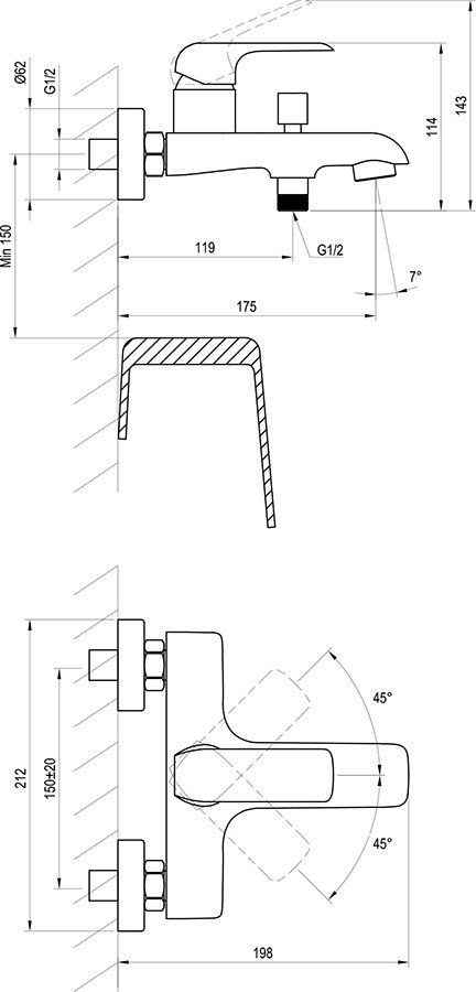 Смеситель для ванны RAVAK Flat FL 022.00/150 150 мм X070119, превью