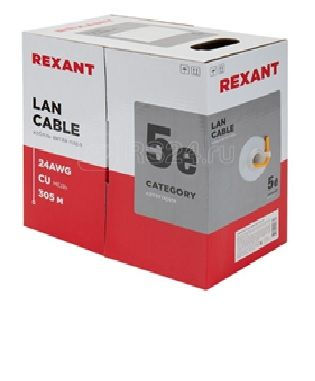 Кабель витая пара REXANT PRO U/UTP, CAT 5e, ZH нг(А)-HF, 4х2х0,52 мм 24AWG, INDOOR, серый, 305м, предпросмотр