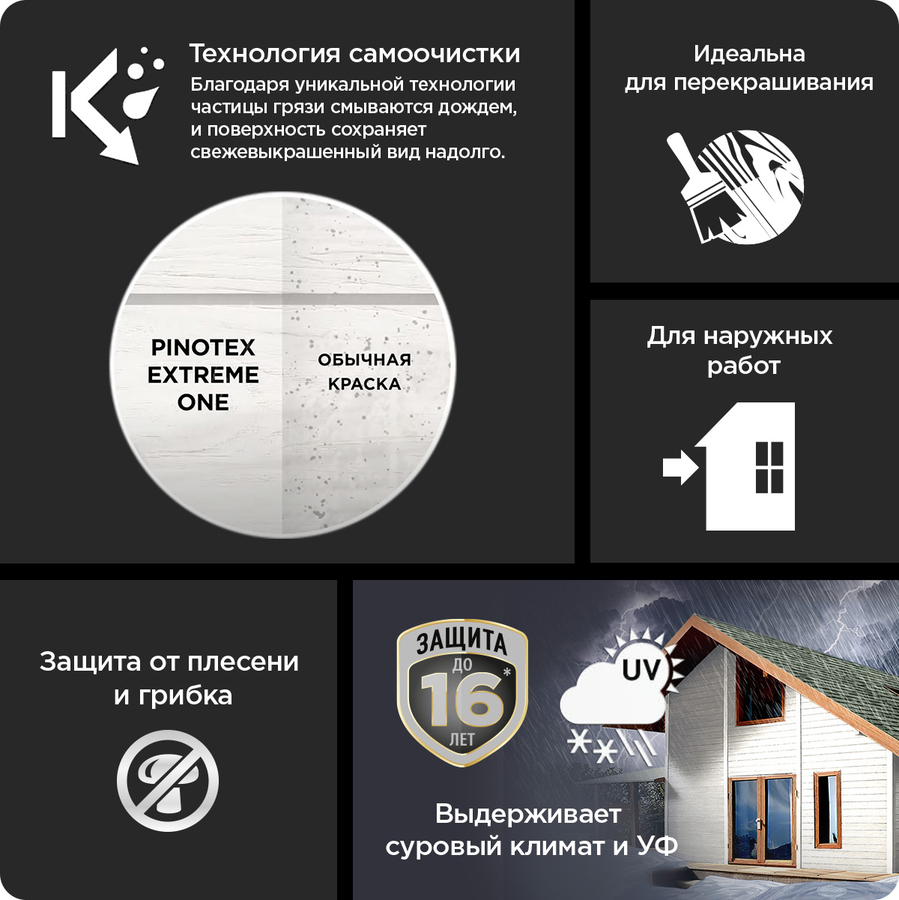 Краска для дерева Pinotex Extreme One BW 9л, предпросмотр