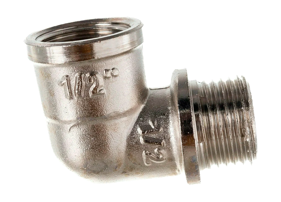 Угольник, латунь, внутренняя/наружная резьба 1/2"х90°, никель, RTP, превью