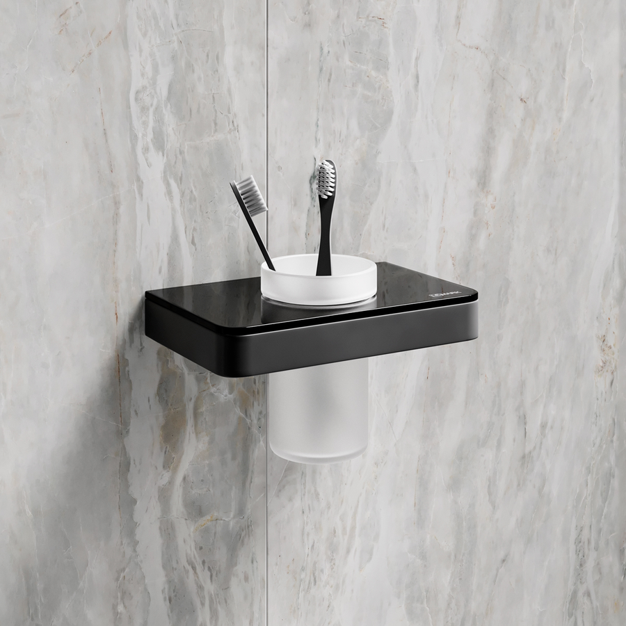 Стакан для зубных щёток Lemark 9732036 GLASS LINE с держателем, чёрный матовый/черное стекло, предпросмотр