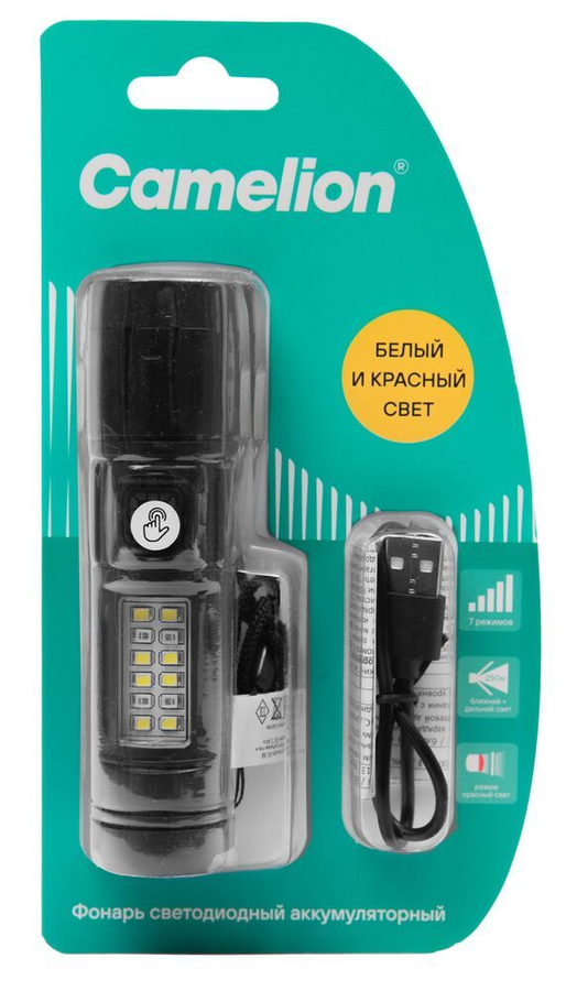 Фонарь CAMELION LED аккумуляторный LED29361 3,7В LED+8SMD+4RED 1,5 Вт 7 режи, предпросмотр