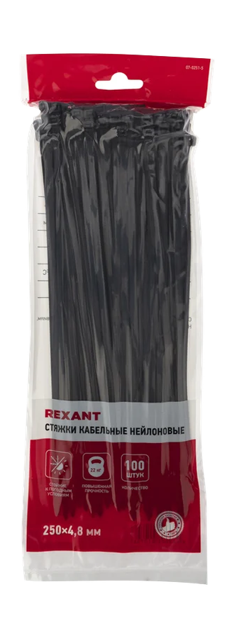 Стяжка кабельная нейлоновая REXANT 250x4,8мм, черная, 100шт, превью