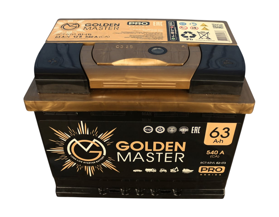 Аккумулятор автомобильный GOLDEN MASTER Pro 6СТ-63 (L)-(1) 540А, предпросмотр