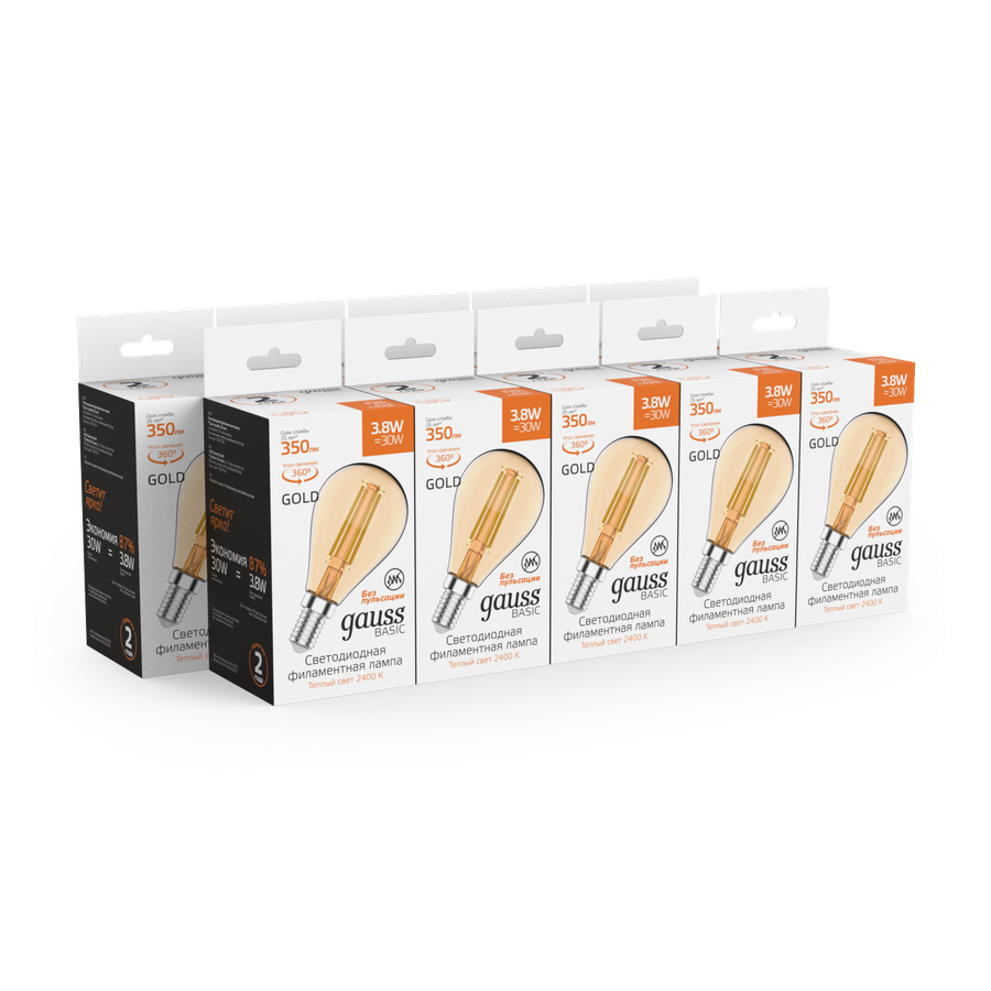 Лампа GAUSS Basic Filament Шар 3,8W 350lm 2400К Е14 golden LED 1/10/50, предпросмотр