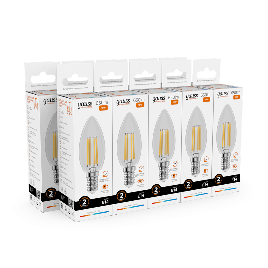 Лампа GAUSS Filament Elementary Свеча 10W 650lm 2700К Е14 LED 1/10/100, превью
