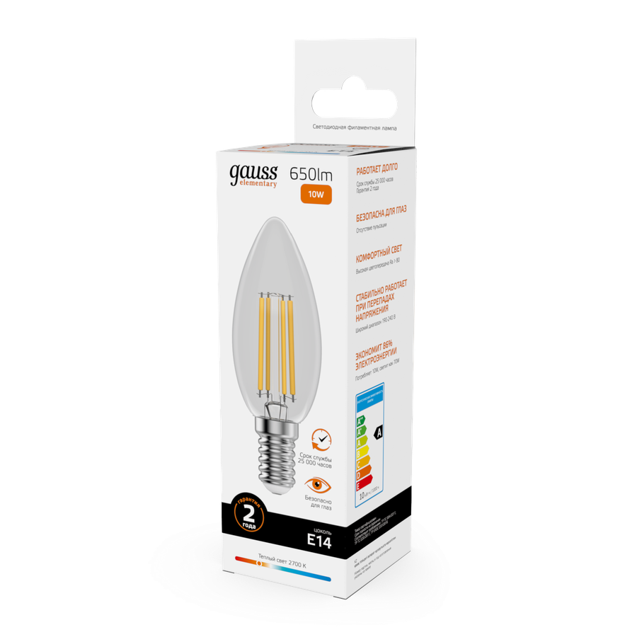 Лампа GAUSS Filament Elementary Свеча 10W 650lm 2700К Е14 LED 1/10/100, предпросмотр
