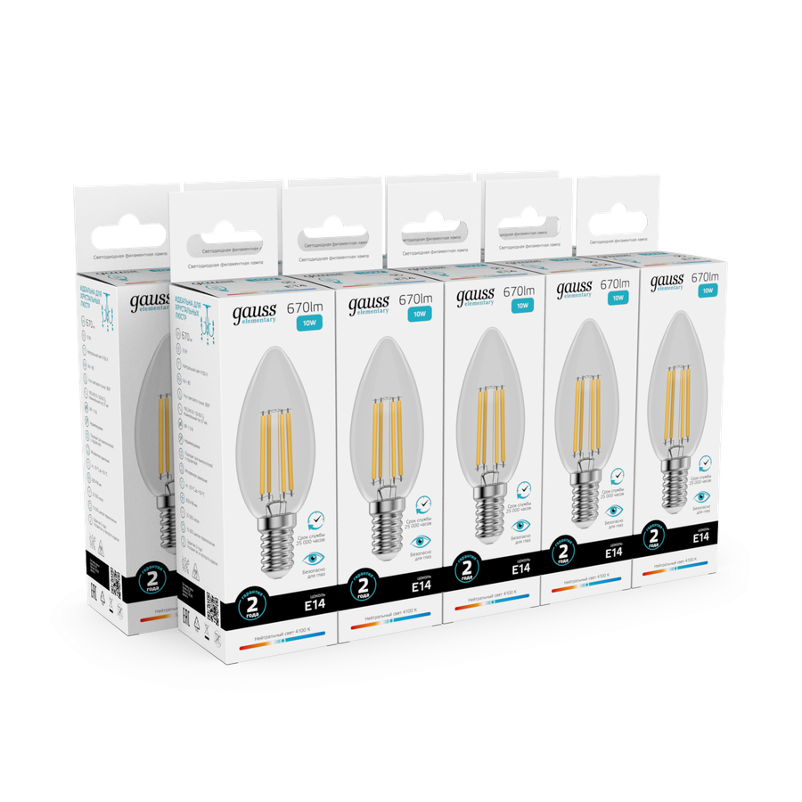 Лампа GAUSS Filament Elementary Свеча 10W 670lm 4100К Е14 LED 1/10/100, превью